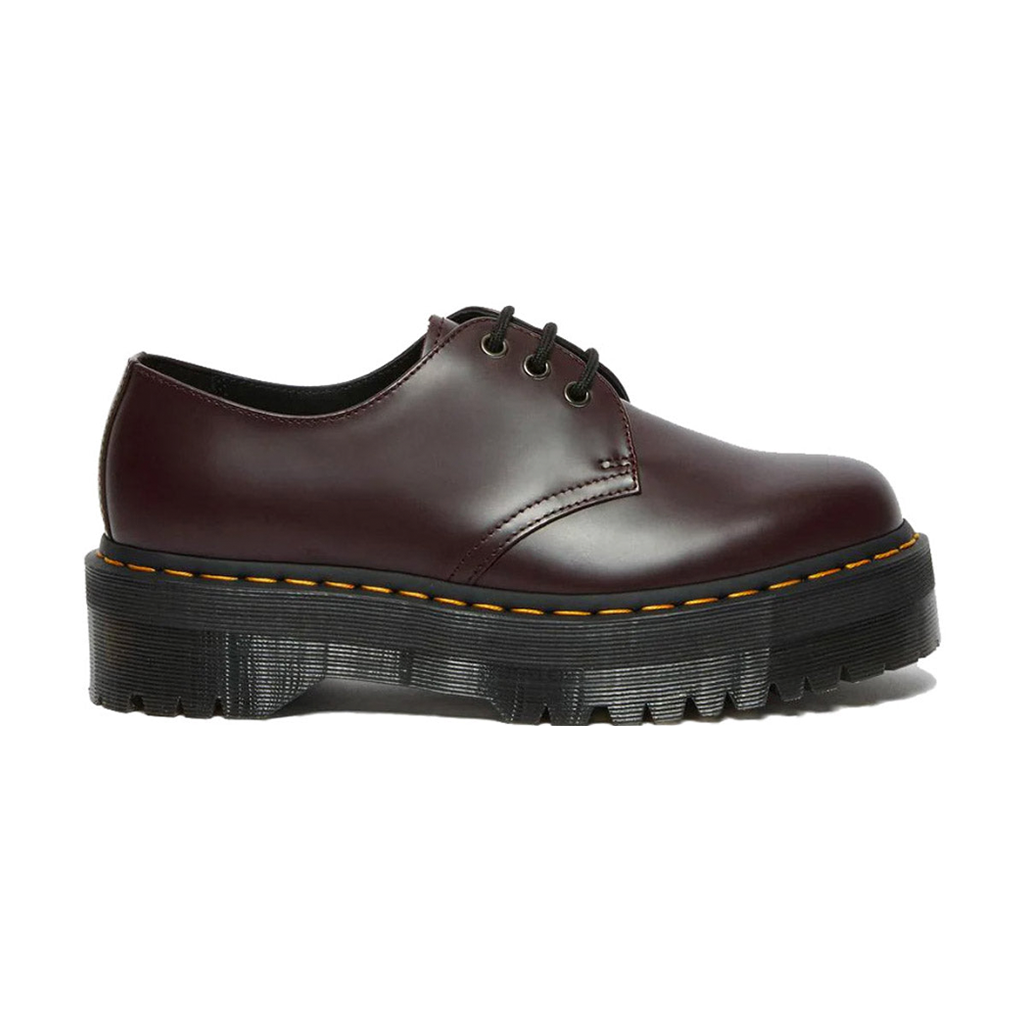 Dr Martens 1461 Quad 3 Eye Shoe - Old Oxblood. Built on DM highest platform to date, our 1461 Quad has been given an empowering rework. Built from Polished Smooth Burgandy leather and marked with the unmistakable DM yellow welt stitch. Free NZ delivery. Pavement skate store, Dunedin.