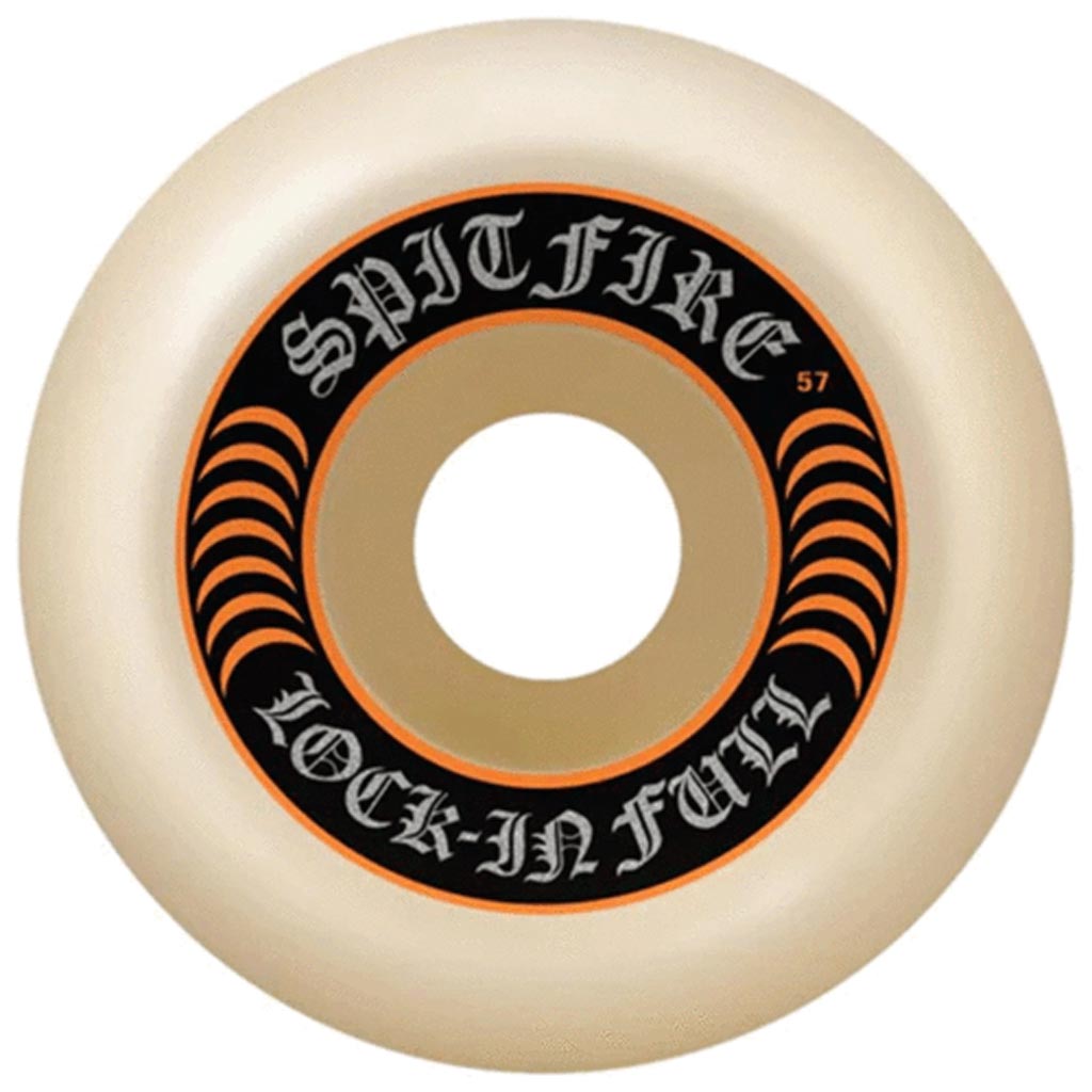 Spitfire Formula Four Lock In Full Skateboard Wheels - 57mm x 37.4mm - 99D - Lock Ins Cut - Asymmetrically cut, you can get the benefits of conical outer walls while the inside wall is cut straight, giving you a flat surface to lock in your grinds. Classic wheel shape for street/park skating. 