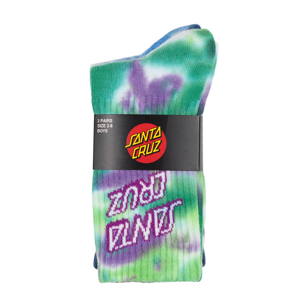 Santa Cruz Stack Strip Youth Crew Socks 2 Pack - Blue & Green Tiedye | Shop Santa Cruz online with Pavment Skate Store with free Aotearoa shipping over $100*!
