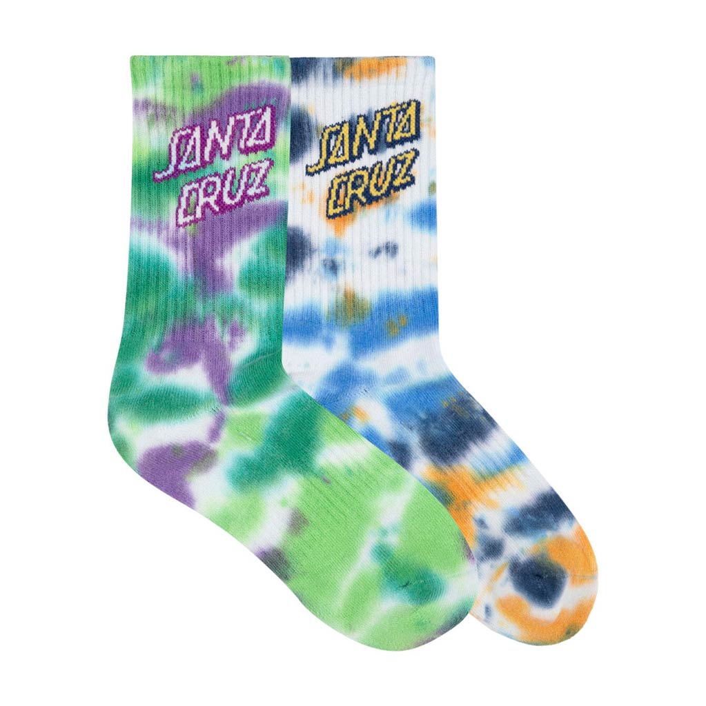 Santa Cruz Stack Strip Youth Crew Socks 2 Pack - Blue & Green Tiedye | Shop Santa Cruz online with Pavment Skate Store with free Aotearoa shipping over $100*!