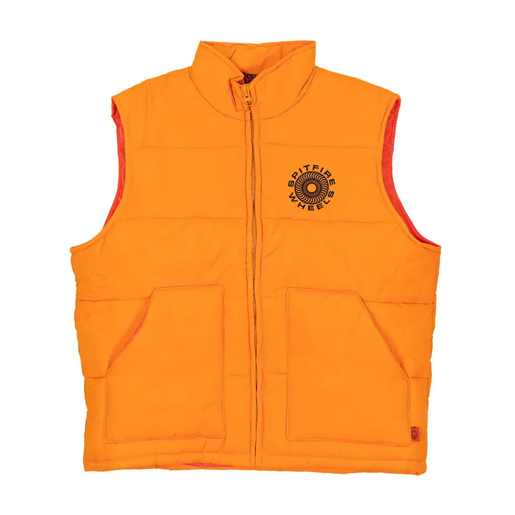 Spitfire Classic 87 Swirl Puffer Vest - Orange/Black. Spitfire Wheels Classic '87 Swirl logo embroidered on the back and left chest of a nylon zip-up puffer vest that features an inside pocket and polyester lining. Free NZ delivery. Pavement skate shop, Dunedin.