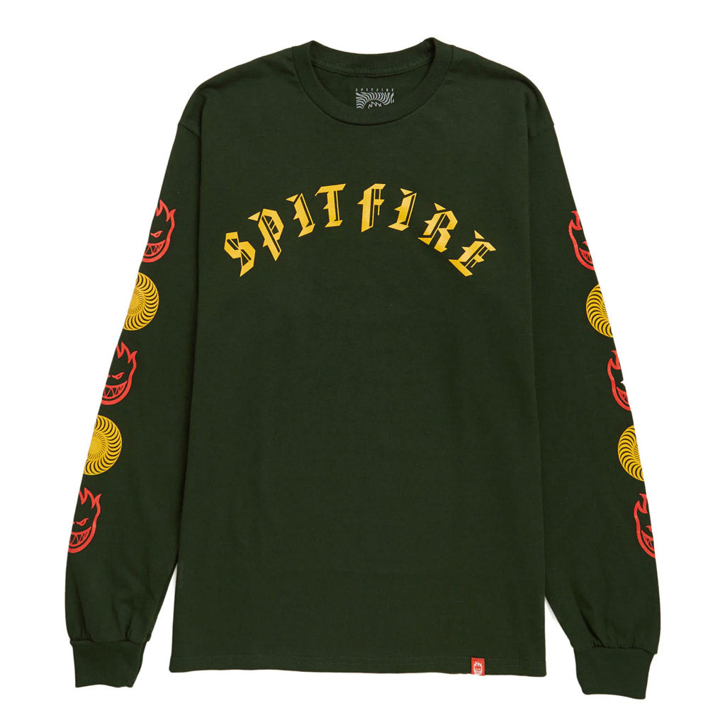 Spitfire Old E Bighead Combo Sleeve L/S Tee - Forest/Gold/Red. 100% cotton long sleeve, regular fit tee. Free shipping on your Spitfire order over $100. Shop Spitfire skateboard wheels, apparel and accessories. Pavement skate shop, Dunedin.
