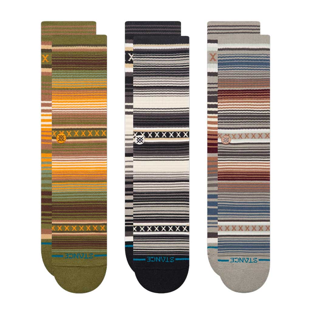Three pairs of striped socks in green, black, and gray | Stance Curren 3 Pack - Green | Free Aotearoa NZ shipping on your Stance orders over $100* when you shop with Pavement Skate Store!