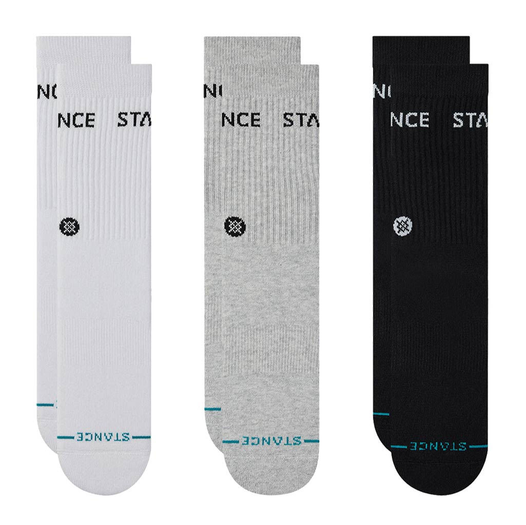 Three pairs of Stance socks in white, gray, and black | Stance Origin 3 Pack Crew Socks - Multi | Free Aotearoa NZ shipping on your Stance orders over $100* when you shop with Pavement Skate Store!
