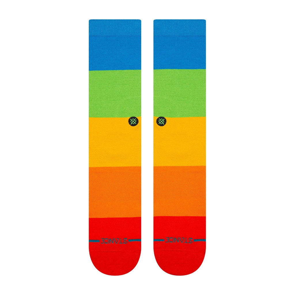 Colorful striped socks with blue, green, yellow, and red sections | Stance Snapshot Crew Socks - Multi | Free Aotearoa NZ shipping on your Stance orders over $100* when you shop with Pavement Skate Store!