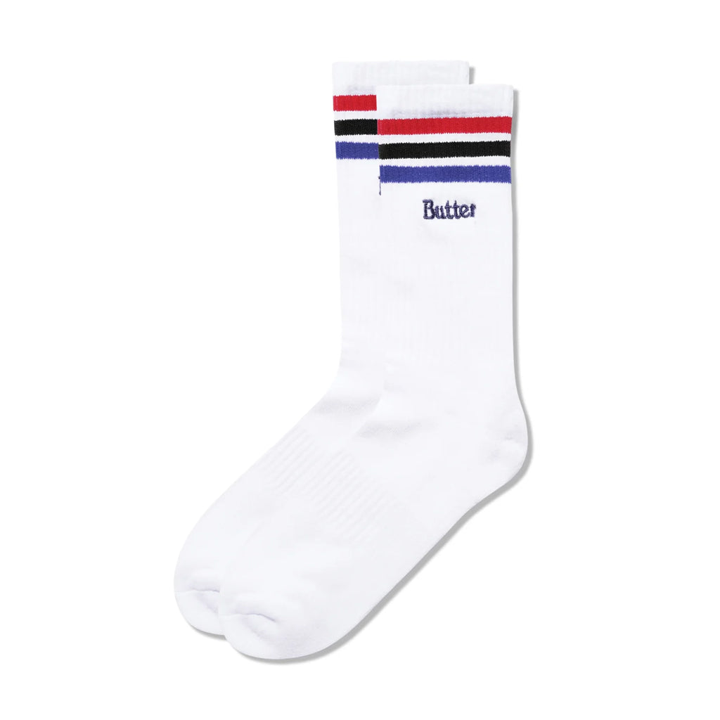 Butter Goods Stripe Socks - White. Acrylic crew socks. Embroidered logo on side. Shop Butter Goods online with Pavement and enjoy free Aotearoa shipping over $150, same day Ōtepoti delivery and easy returns.