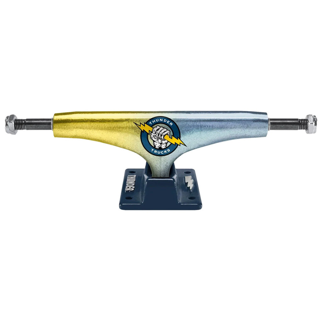Thunder Death Grip Lights 149 Skateboard Trucks. Custom forged deep blue baseplate. Premium Grade Hollow Kingpins. 149 (8.5" Axle Fits boards 8.38" - 8.62"). Clear yellow 90du Thunder bushings. Sold as a set of two trucks