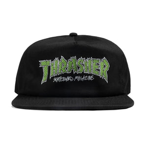 Thrasher Brick Snapback - Black. Shallow crown snapback hat woven from cotton. Featuring a sewn-in label and finished with artwork at center. 100% Cotton. Buy Thrasher headwear, clothing and accessories online with Pavement, Dunedin's independent skate store since 2009. Free NZ shipping over $150.