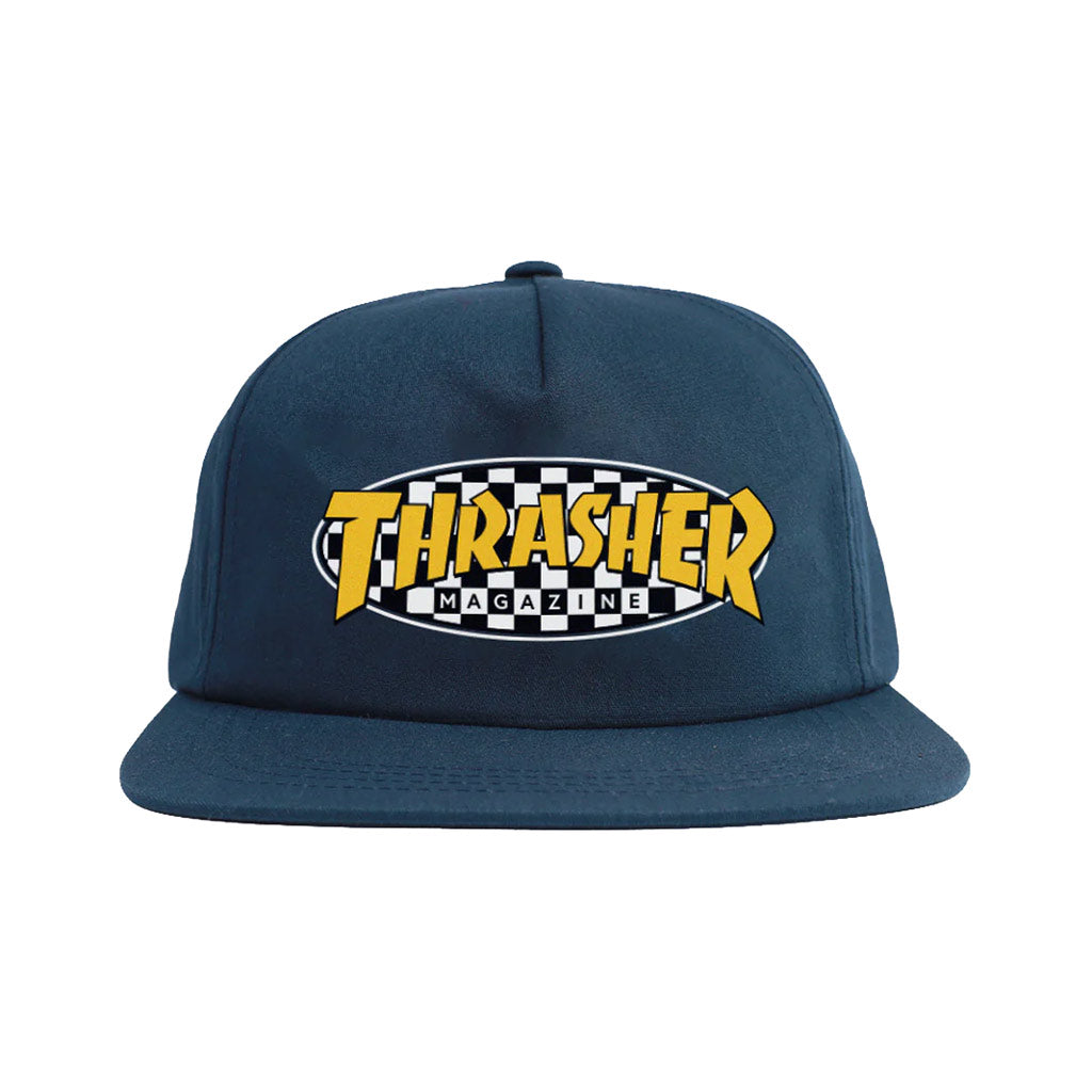 Thrasher Checkered Oval Snapback - Navy | Free Aotearoa NZ shipping over $100* when you buy Thrasher online with Pavement Skate Store.