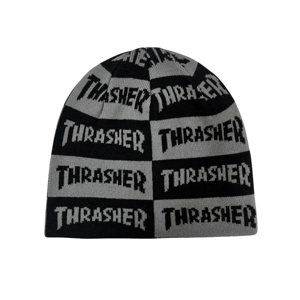 Thrasher Checkered Skully Beanie in Black/Grey | Shop Thrasher clothing with Pavement Skate Shop and enjoy free Aotearoa NZ shipping on orders over $100*!