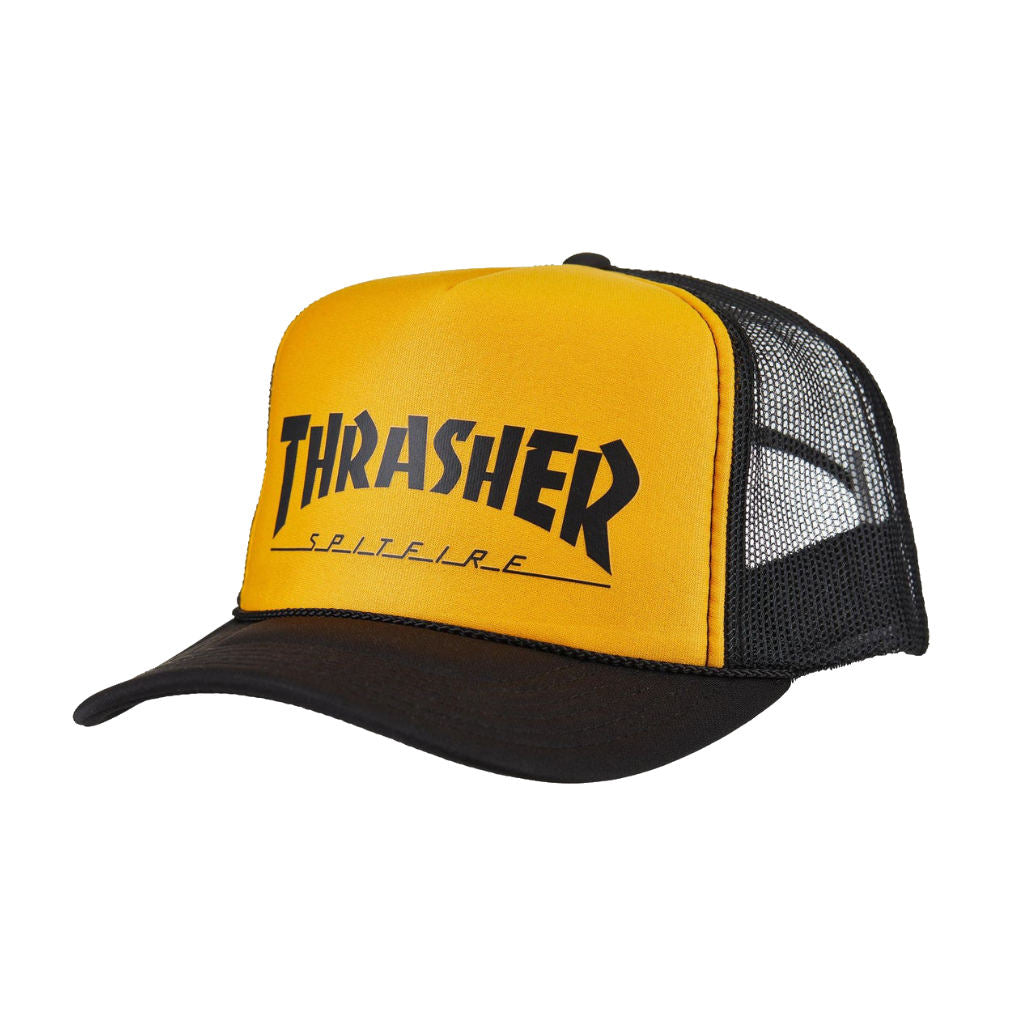 Thrasher X Spitfire Trucker Hat in Black/Gold | Shop Thrasher clothing with Pavement Skate Shop and enjoy free Aotearoa NZ shipping on orders over $100*!