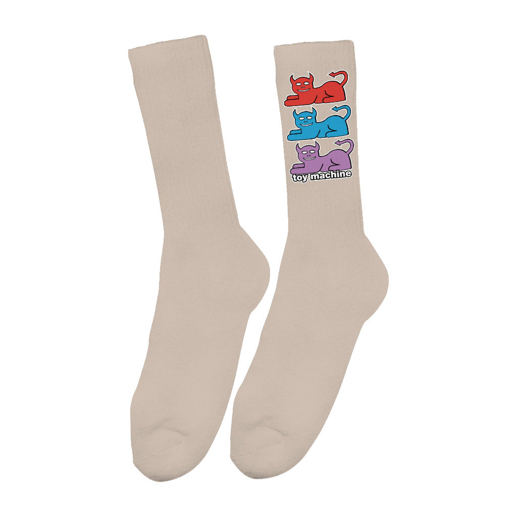 Toy Machine Triple Cat Socks in Tan | Shop Toy Machine skateboards & clothing online with Pavement Skate Store with free Aotearoa NZ shipping over $100*!