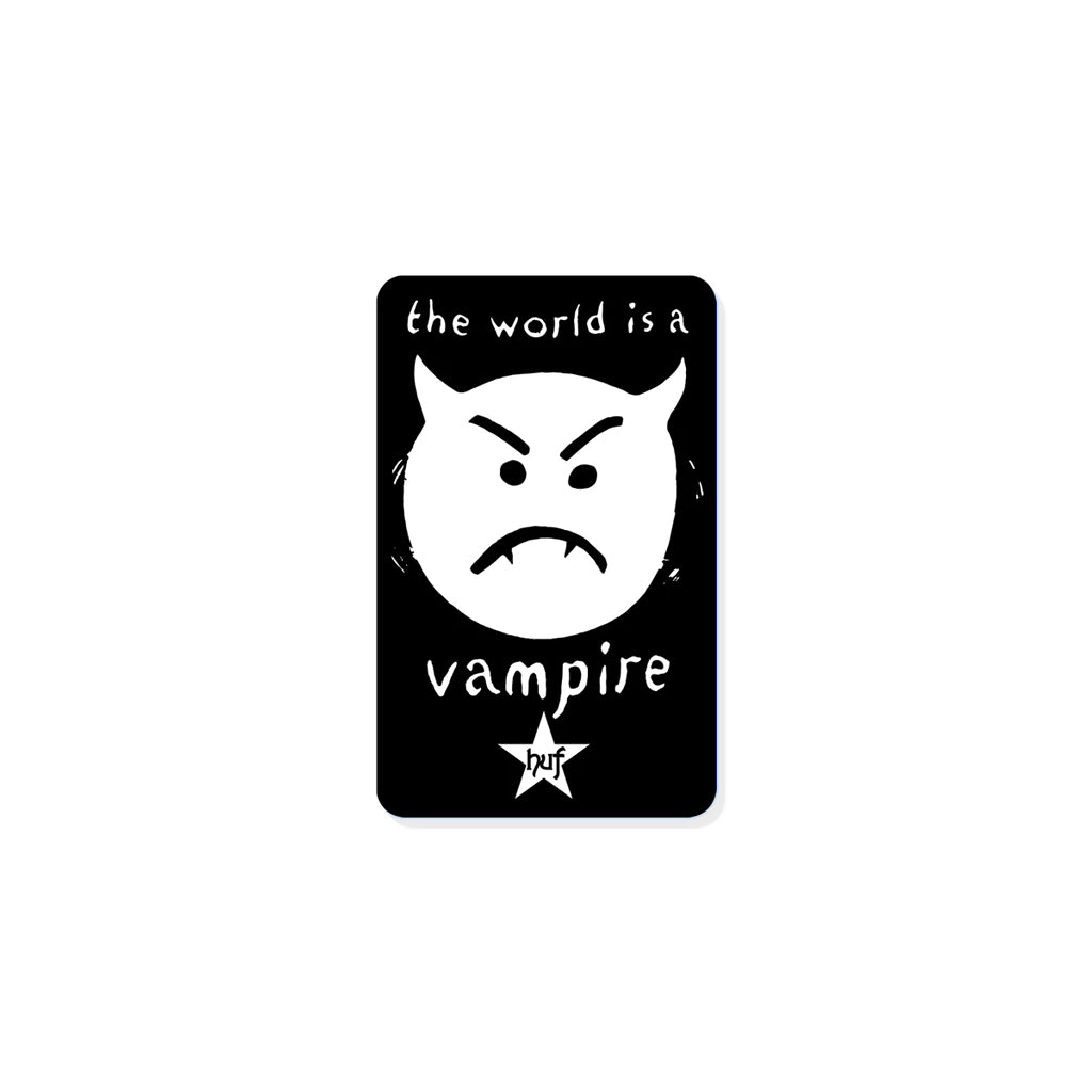 Huf X Smashing Pumpkins Vampire Sticker. The second collaboration from HUF x Smashing Pumpkins taps the band’s iconic visuals, mixing washes of psychedelics, bold graphics, and anthemic lyrics with new and classic silhouettes and accessories. 