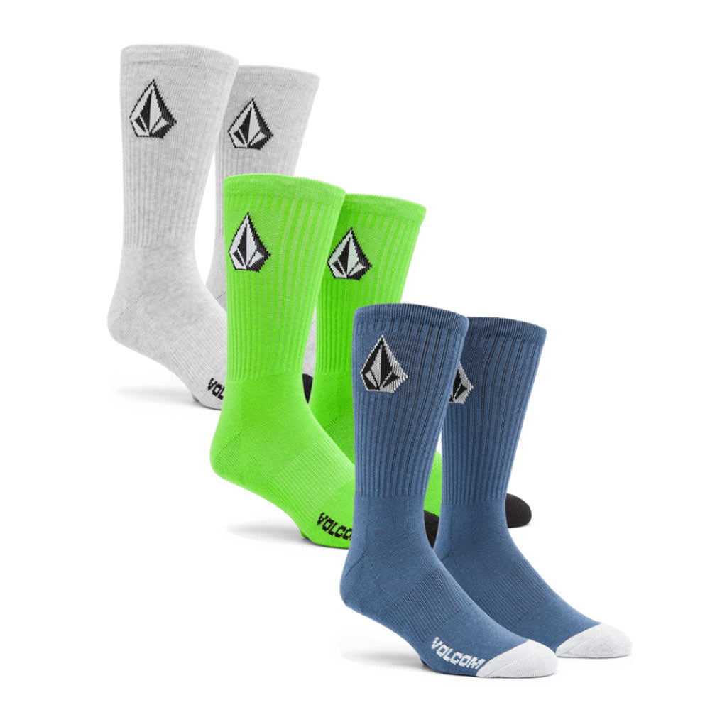 Volcom Full Stone Sock 3 Pack - Stone Blue. 77% Cotton / 17% Polyester / 6% Elastane. Three pair of crew socks. Rib knit ankle and arch support with articulated heel. Stone logo jacquard. Shop Volcom clothing and accessories online with Pavement skate store. Enjoy free NZ shipping over $150.