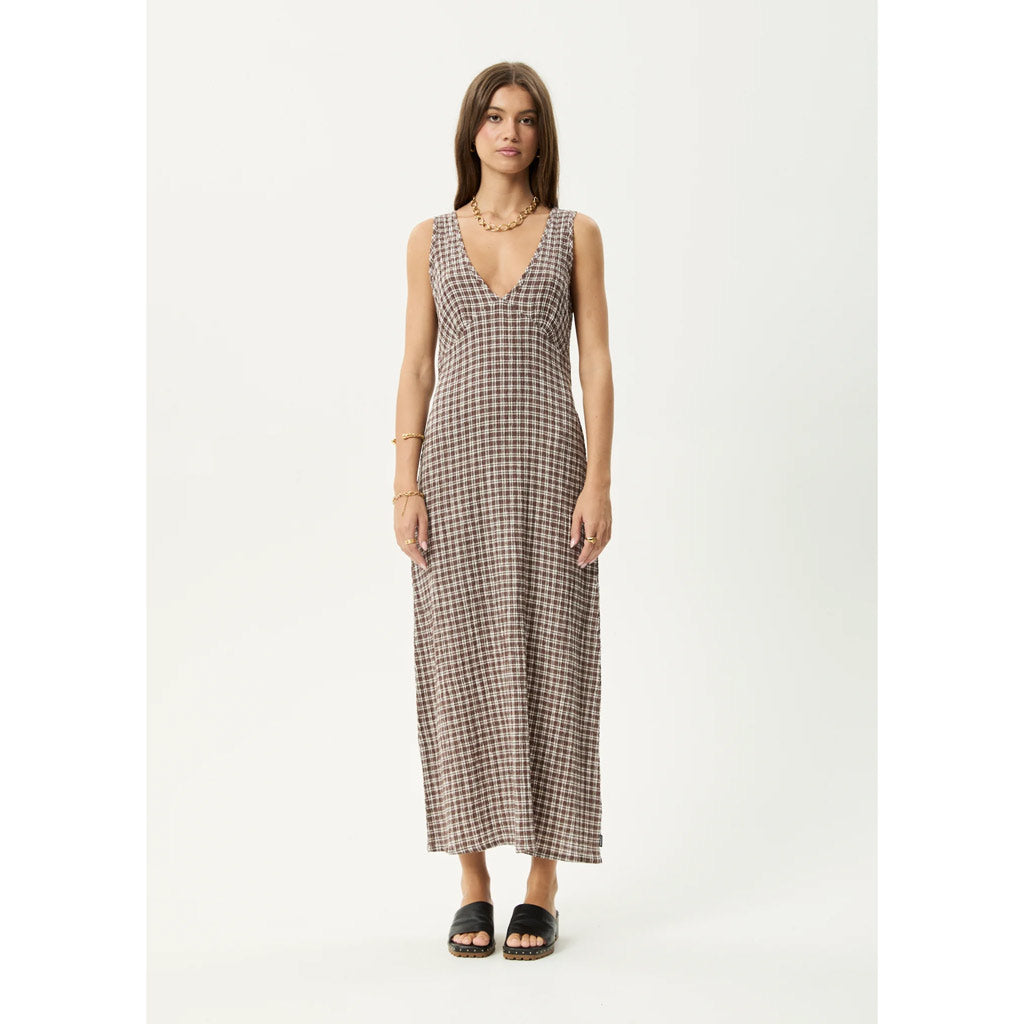 Afends Base Seersucker Maxi Dress in Coffee | Shop Afends online with Pavement and enjoy free Aotearoa NZ shipping on your order over $100*