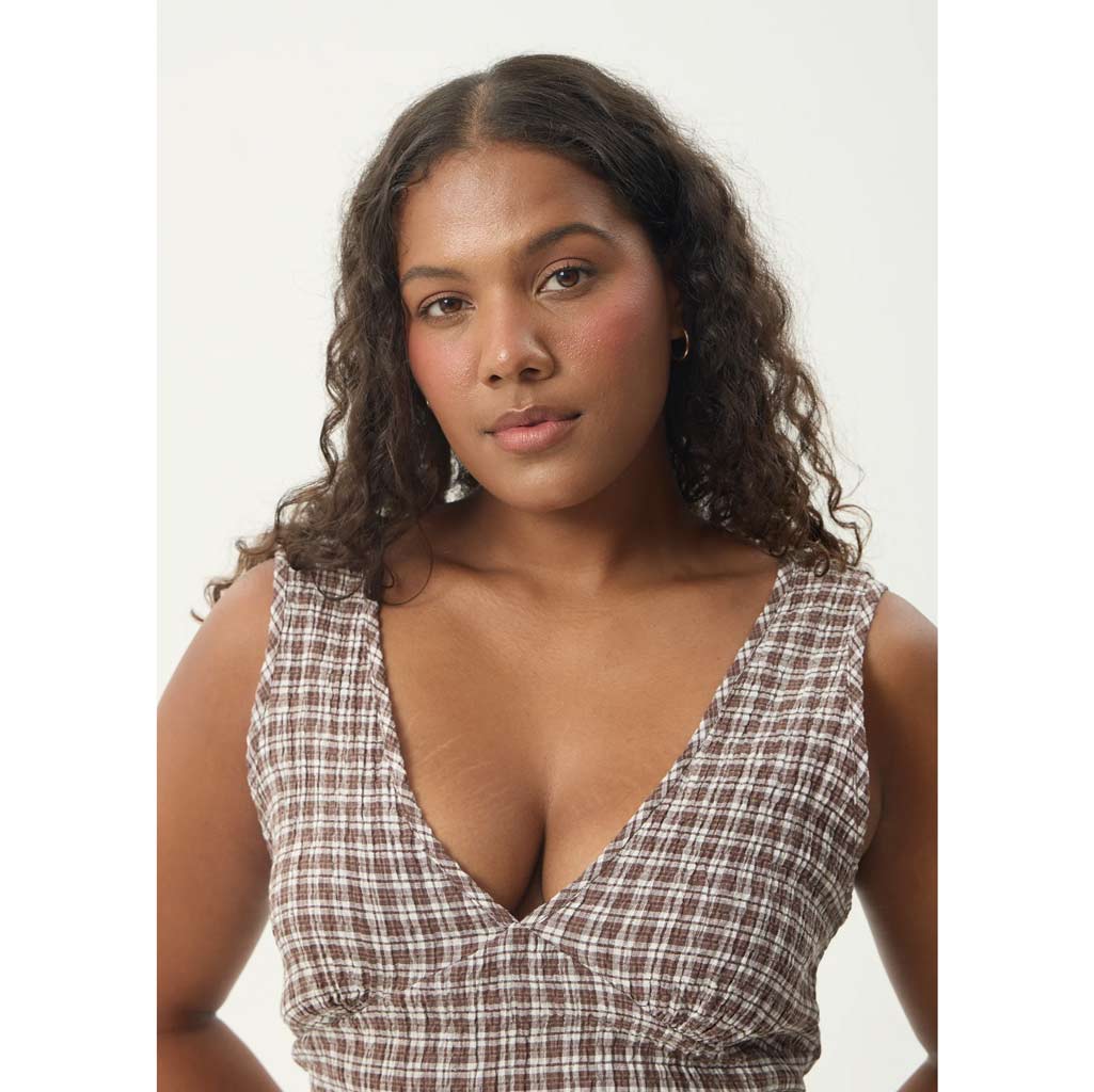 Afends Base Seersucker Maxi Dress in Coffee | Shop Afends online with Pavement and enjoy free Aotearoa NZ shipping on your order over $100*