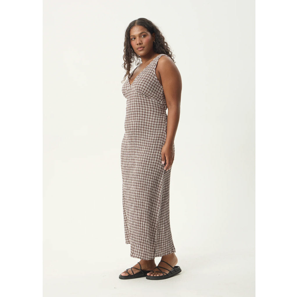 Afends Base Seersucker Maxi Dress in Coffee | Shop Afends online with Pavement and enjoy free Aotearoa NZ shipping on your order over $100*
