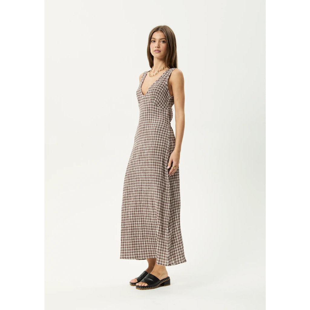 Afends Base Seersucker Maxi Dress in Coffee | Shop Afends online with Pavement and enjoy free Aotearoa NZ shipping on your order over $100*