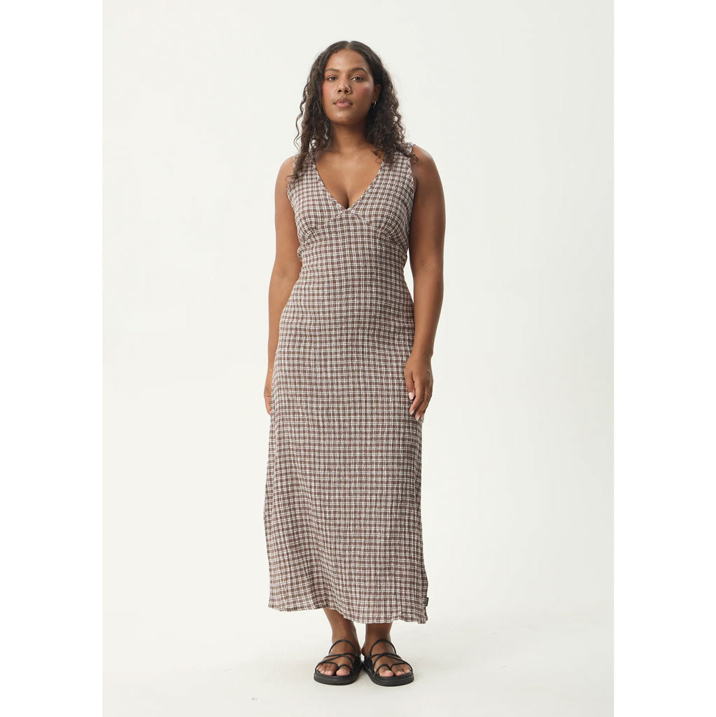 Afends Base Seersucker Maxi Dress in Coffee | Shop Afends online with Pavement and enjoy free Aotearoa NZ shipping on your order over $100*