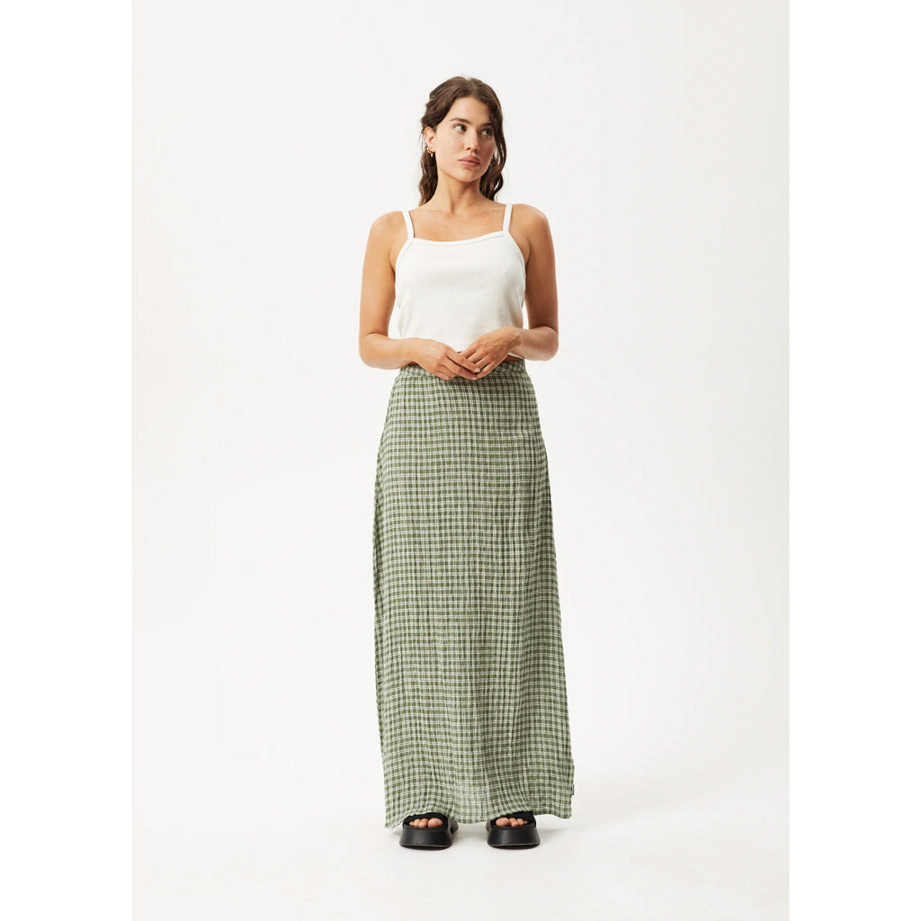 Afends Base Seersucker Maxi Skirt in Deep Green Check | Shop Afends with Pavement online and recieved free Aotearoa NZ shipping on orders over $100*!