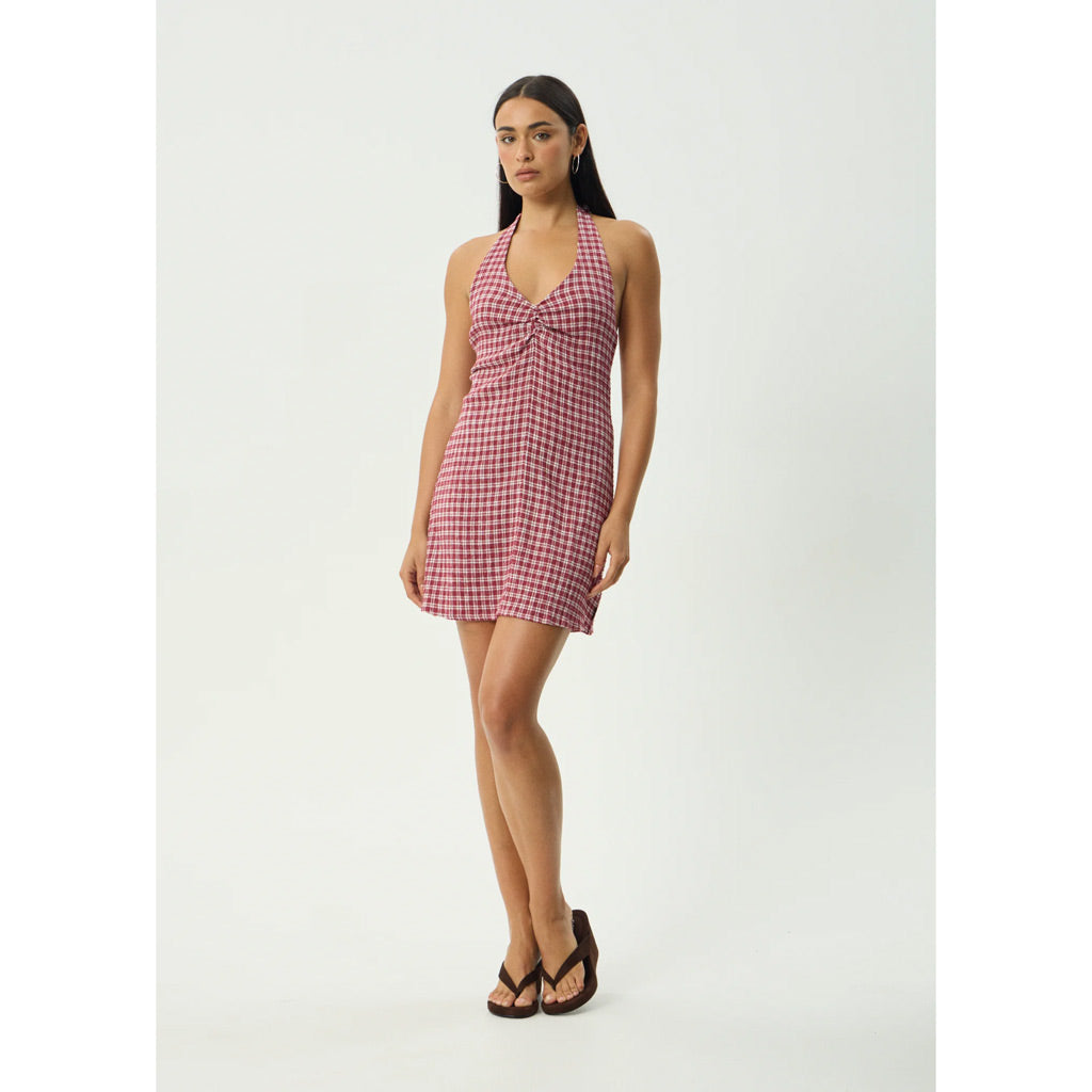 Afends Base Montana Seersucker Halter Mini Dress- Burgundy Check | Shop Afends online with Pavement and enjoy free Aotearoa NZ shipping on your order over $100*