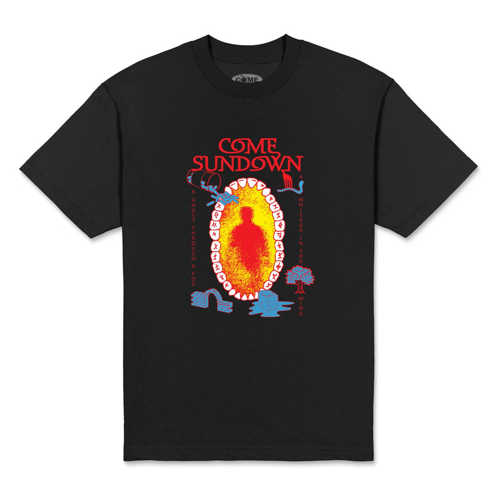 Come Sundown Whisper Tee - Black. 100% Cotton. Screen Printed front. Shop Come Sundown clothing and accessories with Pavement online. Free, fast NZ shipping over $150, easy, no fuss returns. Pavement skate store, Ōtepoti / Dunedin.