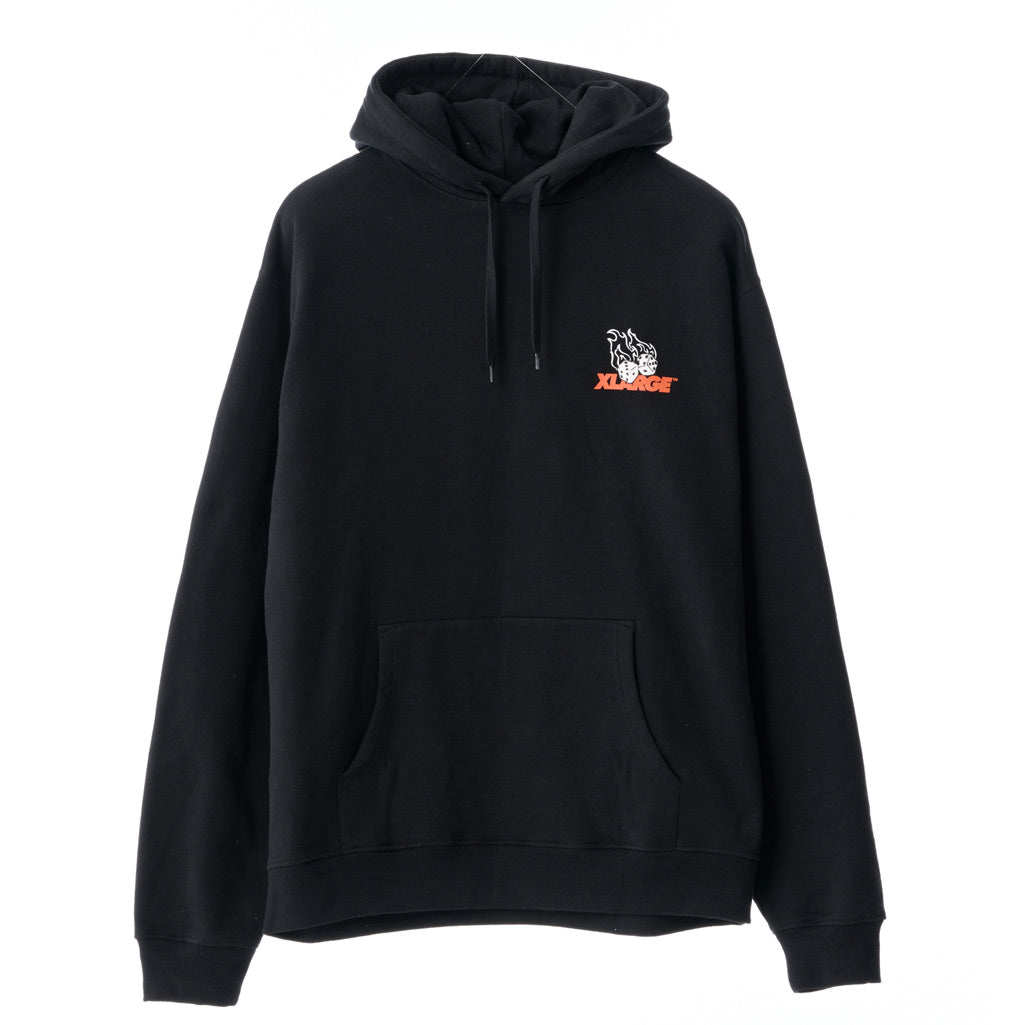 Xlarge Fire Dice Hoody - Solid Black. Twin needle seam construction. Crossover drawcord hood. Kangaroo pocket. 1x1 rib at cuffs and hem. Screen and puff printed artwork. Relaxed fit. Unisex. 430gsm Brushed Cotton. Free NZ shipping over $150 with Pavement, Dunedin's independent skate store.