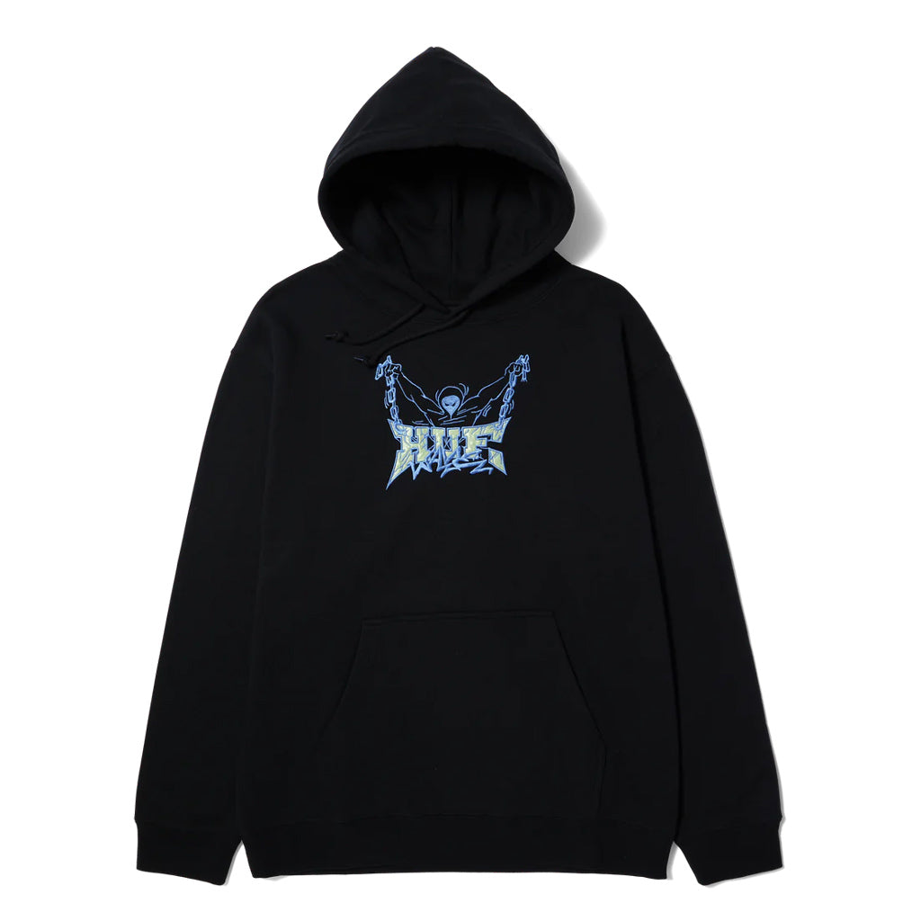 Huf Worldwide Zine Pull Over Hoodie - Black. The Zine Pullover Hoodie is cotton-poly pullover hoodie with appliqué artwork and embroidered details. Free NZ shipping - Same day Dunedin delivery. Shop HUF Worldwide online with Pavement, Dunedin's independent skate store.
