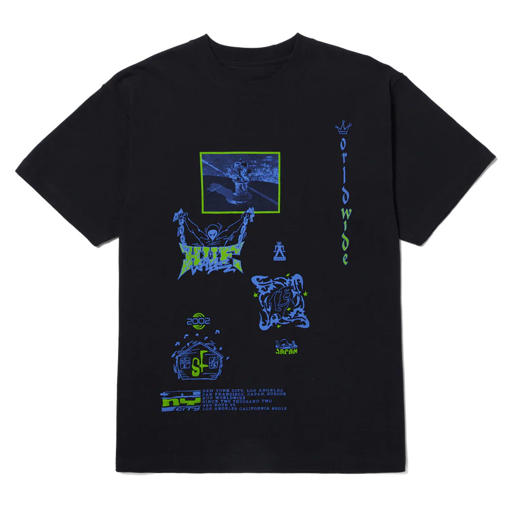 HUF Zine S/S Washed Tee - Washed Black. 100% cotton short sleeve pigment dyed tee. Printed artwork at front and back. HUF woven label at interior neck. Shop HUF Worldwide clothing online with Pavement, Dunedin's independent skate store. Free NZ shipping over $150 - Same day Dunedin delivery - Easy returns. 