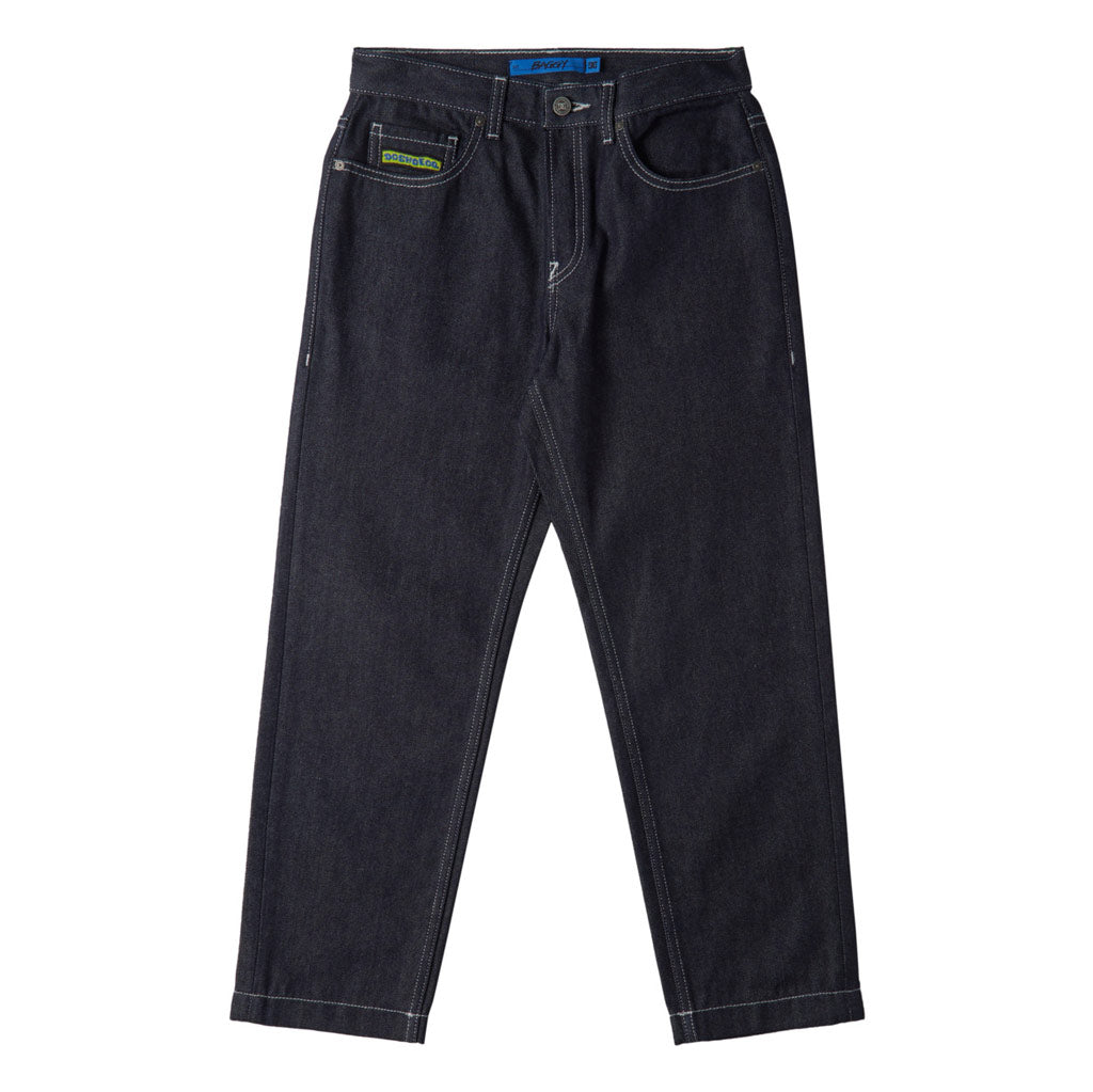 DC Shoes Worker Baggy Denim - Raw Indigo. Recycled cotton twill fabric (368.54 g/m2 80% Cotton, 20% Recycled Cotton). Baggy fit. Button fly. Standard waist. 18.5" leg opening. 5 pockets. Shop DC Shoes online with Pavement Skate Shop - Free NZ shipping over $150 - Same day Dunedin delivery - Easy returns.
