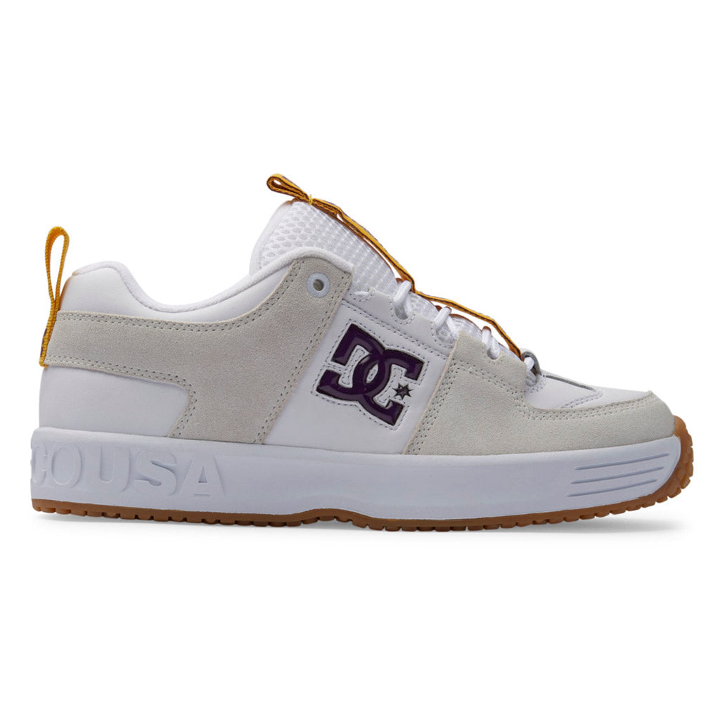 DC Lynx OG - White/Purple. Leather and suede upper materials. Leather lace loops. Elastic tongue centering straps. 3D rubber TPR quarter logo. Foam padded collar and tongue to cradle foot. Impact-G™ heel cushion. Ortholite sock liner. Shop DC Shoes online with Pavement skate store, Dunedin.