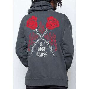 A Lost Cause Burning Rose V2 Vintage Hoody - Vintage Black. 80/20 Cotton/Poly Heavyweight Fleece. 10Oz/300Gsm.