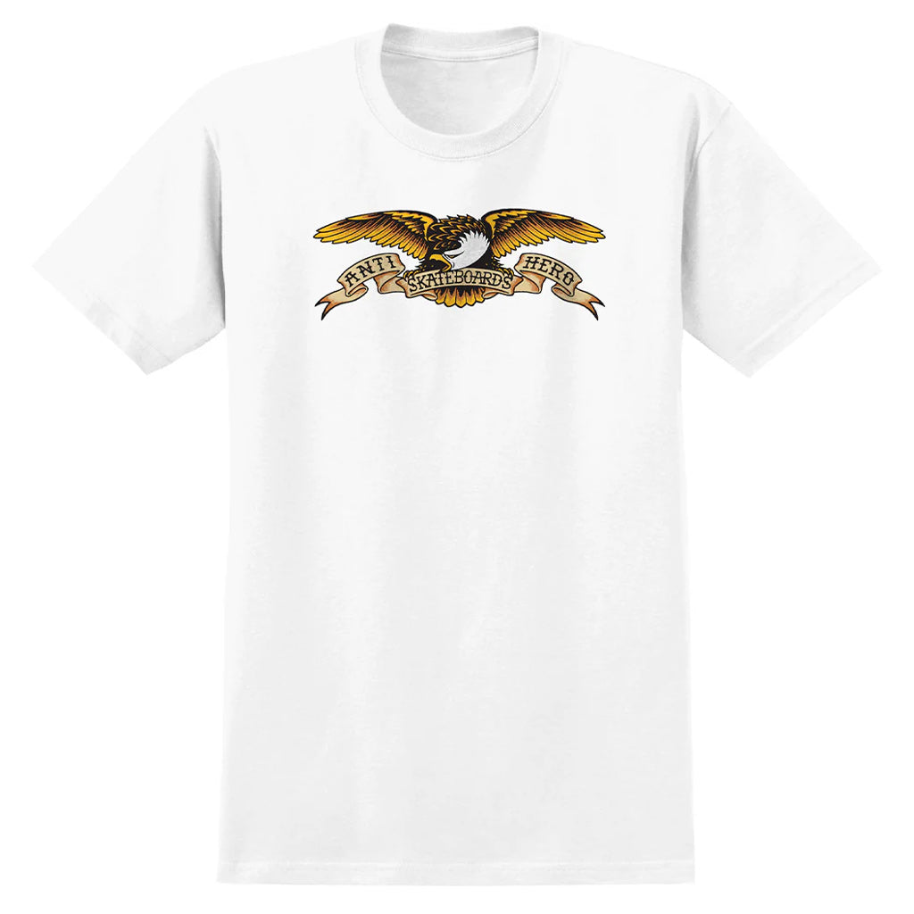 Anti Hero Eagle Tee - White/Multi. 100% Cotton. Screen print on front. Regular fit. Shop Anti-Hero skateboard decks, complete skateboards and clothing online with Dunedin's independent skate store, PAVEMENT. Free NZ shipping over $150 - Same day Dunedin delivery - Easy returns.