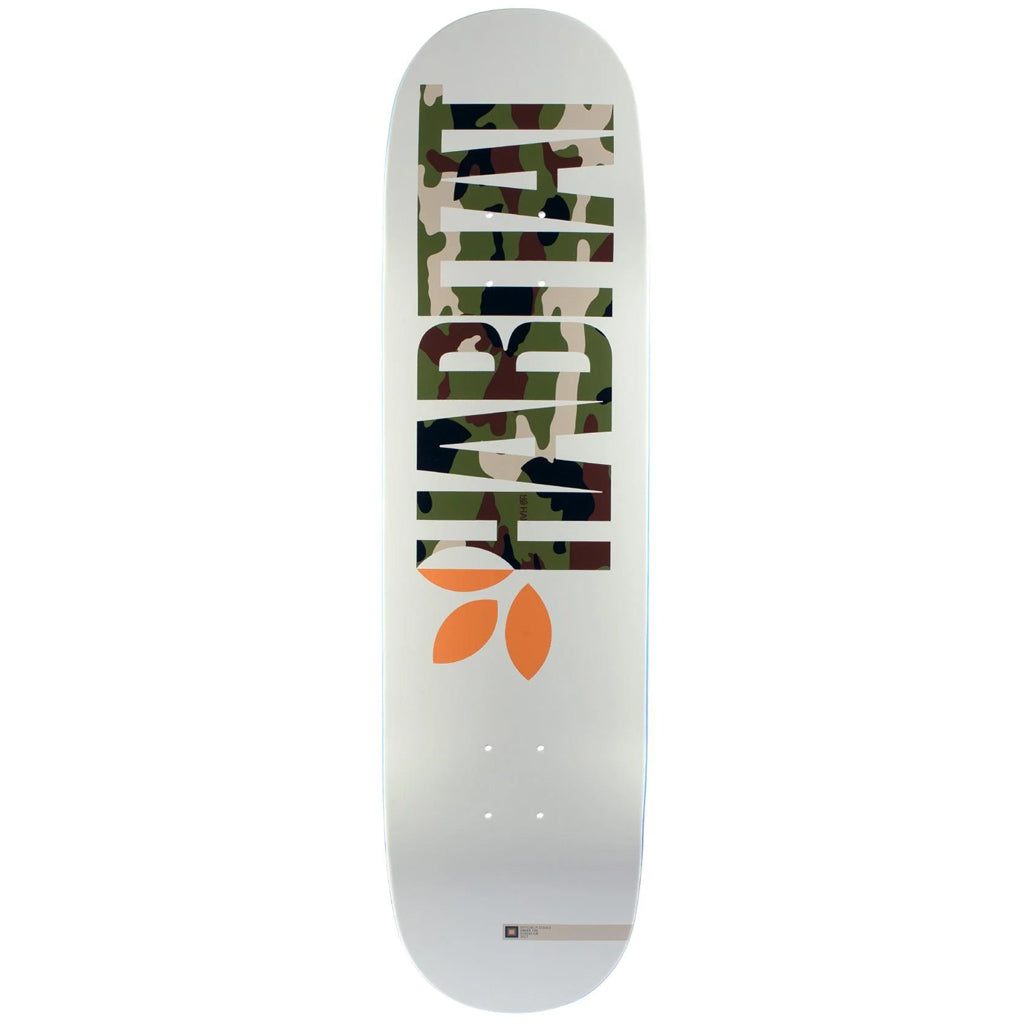 Habitat Apex Camo Twin Deck 8.375" x 32.25". WB 14.375".  Spot colour printed camo deck with Iconic Apex Bold logo. Classic 7ply Canadian hard rock maple.