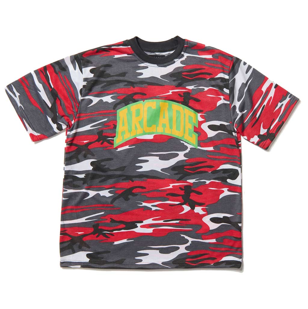 Arcade Camo Arch Tee - Forest Fire Red. Custom cut n sew tee made in small batches for Arcade. Green camo for going dipset mode. Shop Aotearoa's Arcade premium streetwear online with Pavement. Free NZ shipping over $150 - Same day Ōtepoti delivery - Easy returns.