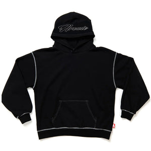 Arcade Strip Contrast Stitch Overlock Hoodie - Black. 460 GSM ultra heavyweight cotton. Shorter fit in the body but fits true to size. Embroidered script and tonal stars on the hood. Free NZ shipping. Shop ARCADE clothing online with PAVEMENT, Dunedin's independent skate store.