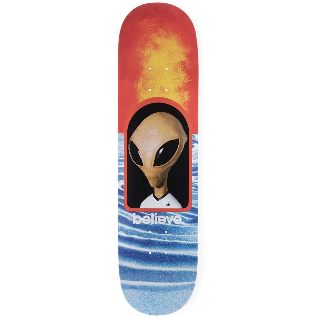 Alien Workshop Believe Reality Plex-Lam Deck 8.25" x 32.25". WB 14.25".  Spot colour printed deck. Plexi Lam Slick Construction. Classic 7ply Canadian hard rock maple. 