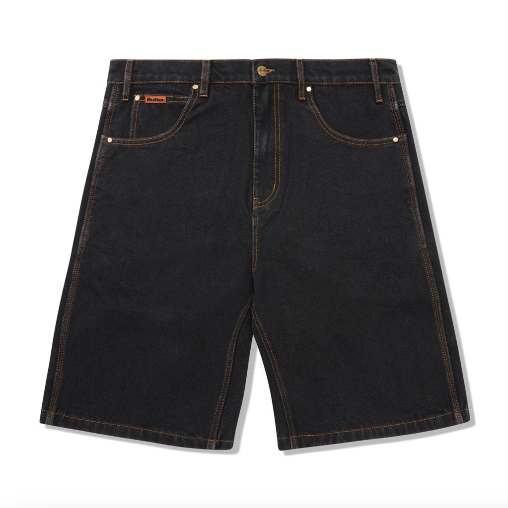 Butter Goods Baggy Denim Shorts - Washed Black. 100% Cotton baggy fit denim shorts. Contrast gold stitching. Woven label on coin pocket & back pocket. Belt loops with internal drawstring on waist band. Shop premium denim shorts from Butter Goods online with Pavement skate store -Free NZ shipping.