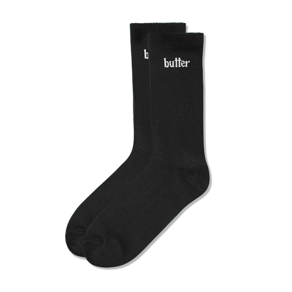 Butter Goods Basic Socks - Black. Acrylic crew socks. Embroidered logo on side. Size: OSFA. Shop Butter Goods online with Pavement, Ōtepoti's independent skate store since 2009. Free Aotearoa shipping over $150. Same day Ōtepoti delivery before 3. Easy returns.