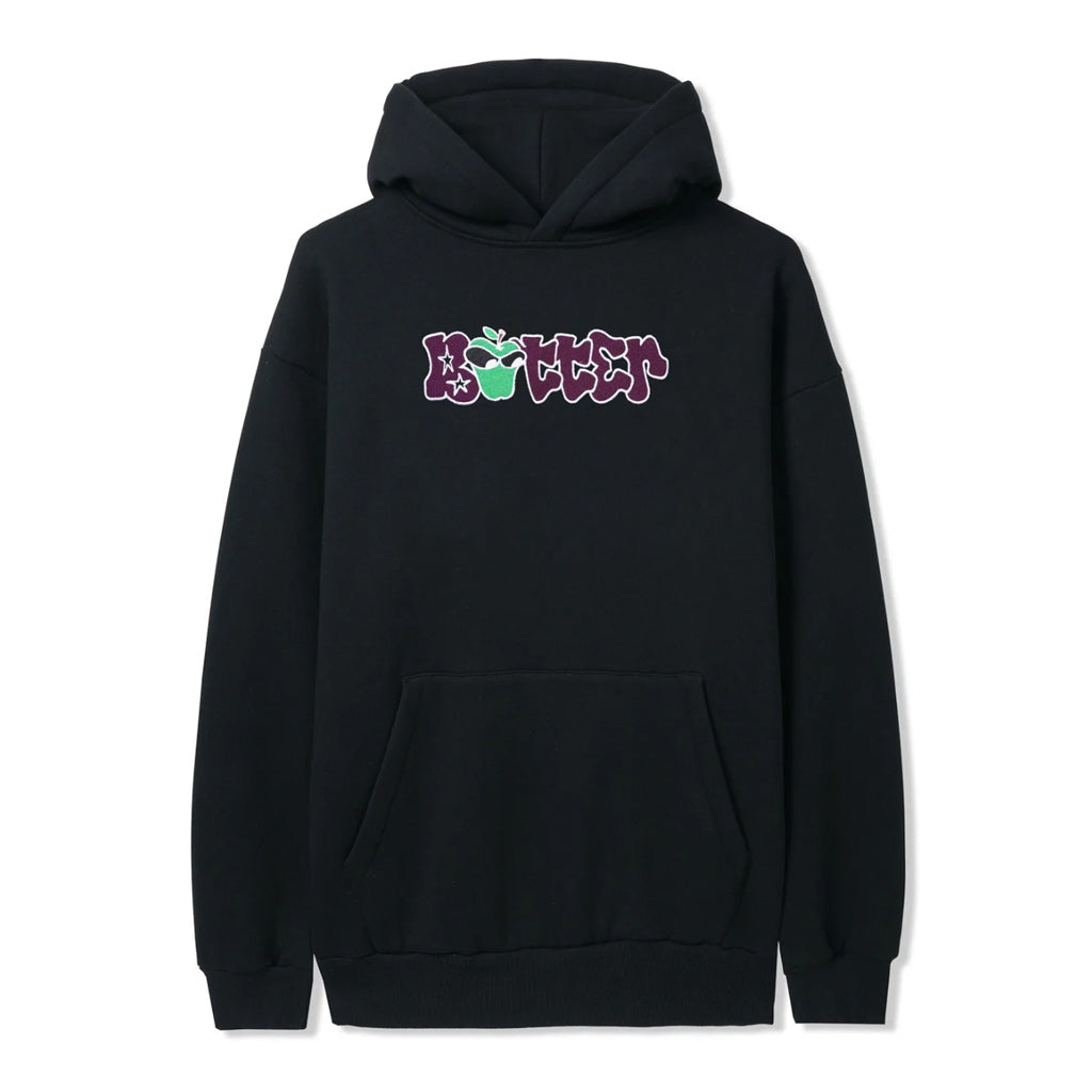 Butter Goods Big Apple Pullover Hood - Black. Cotton / Polyester blend 10oz (330gsm) fleece. Embroidery on front & back. Free NZ shipping. Same day Dunedin delivery before 3. Shop Butter Goods online with Pavement, Dunedin's independent skate store since 2009.