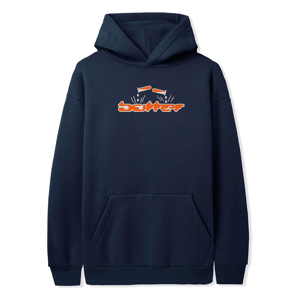 Butter Goods Corrosive Applique Hoody - Navy. Cotton / Polyester blend 10oz (330 gsm) fleece. Nylon applique on front. Shop Butter Goods premium streetwear online with Dunedin's independent skate store - PAVEMENT. Free NZ shipping.
