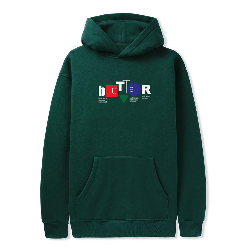 Butter Goods Design Co Pullover Hood - Forest Green. Cotton / Polyester blend 10oz (330gsm) fleece. Screen print on front. Free NZ shipping. Same day Dunedin delivery before 3. Easy returns. Shop Butter Goods online with Pavement, Dunedin's independent skate store since 2009.