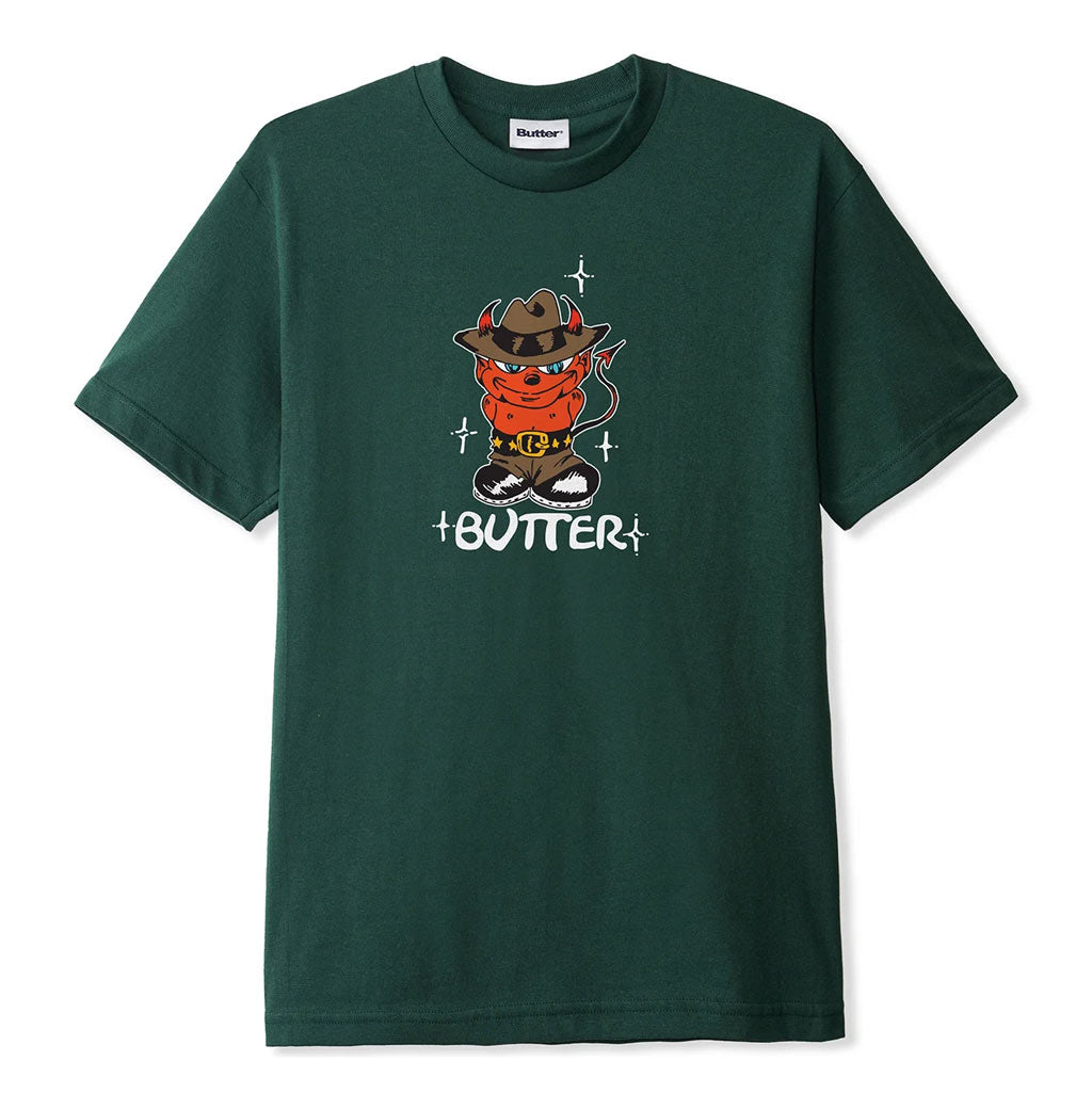 Butter Goods Devil Tee - Forest. 6.5oz (220 gsm) 100% Cotton T-shirt. Screen print on front. Shop Butter Goods online with Pavement, Dunedin's independent skate store. Free NZ shipping over $150 - Same day Dunedin delivery - Easy returns.