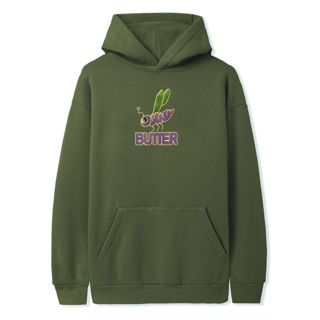 Butter Goods Dragonfly Embroidered Pullover Hood - Army. Heavy weight 10oz (330 gsm) fleece pullover hood. Embroidery on front. Shop premium Butter Goods clothing online with Pavement. Free, fast NZ shipping over $150. Same day delivery Ōtepoti before 3. Pavement skate store, Dunedin.
