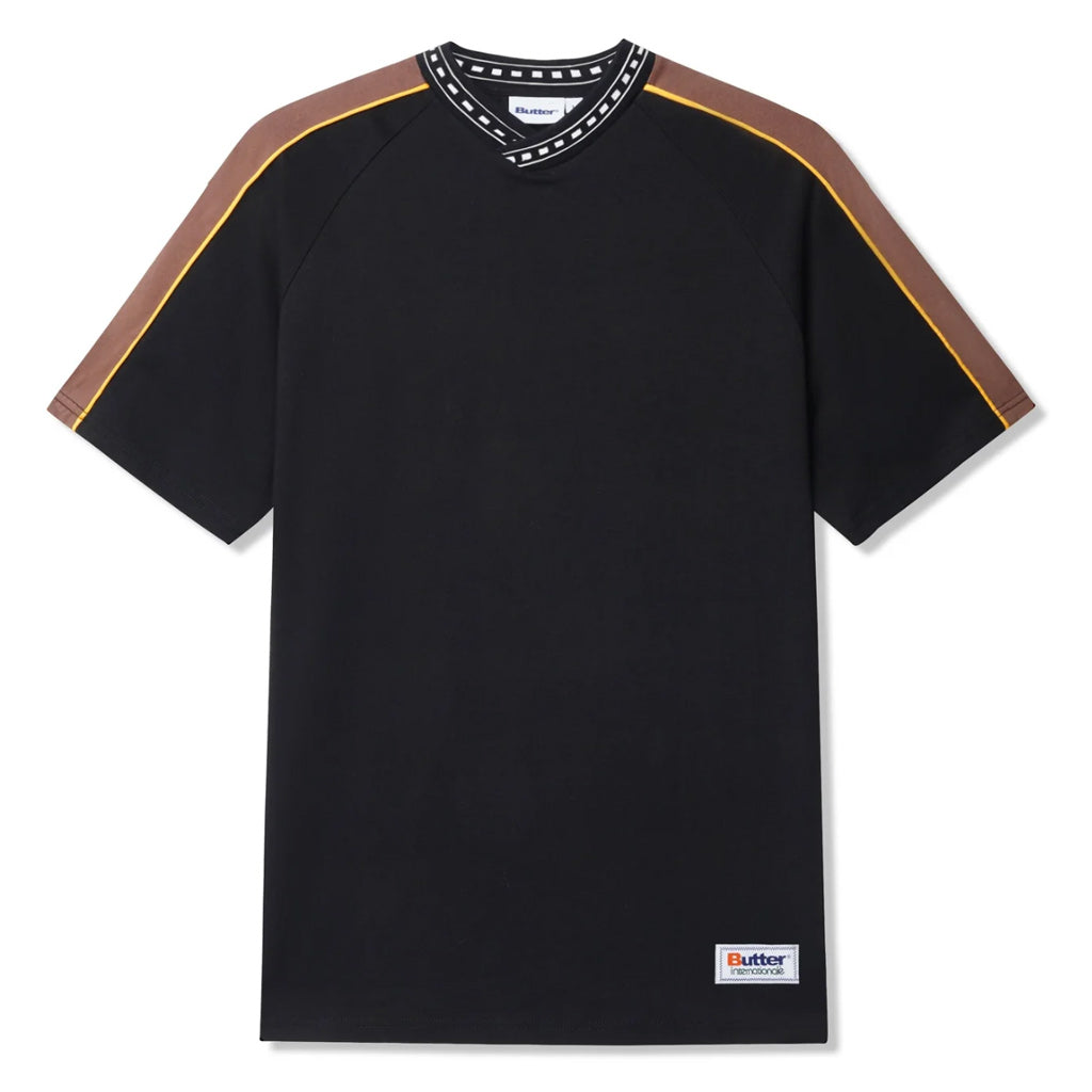 Butter Goods Drift S/S Tee - Black. 6.5 (220 gsm) 100% Cotton T-Shirt. Raglan sleeve construction. Panelling across shoulders with piping detail. Jacquard collar with overlap detail. Shop premium streetwear Butter Goods online with Dunedin's independent skate store, PAVEMENT. Free New Zealand shipping over $150.