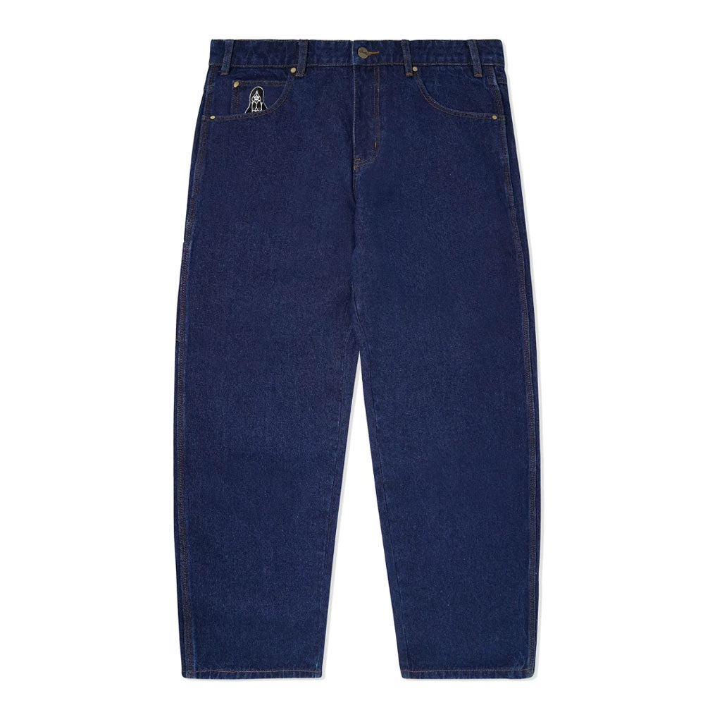 Butter Goods Hound Denim Jeans - Washed Indigo. 100% cotton baggy fit denim pants. Embroidery on front & back pocket. PU Patch on waist band. Belt loops with internal drawstring on waist band. Shop premium streetwear from Butter online with Pavement. Fast NZ shipping - No fuss returns - Afterpay and Laybuy. 