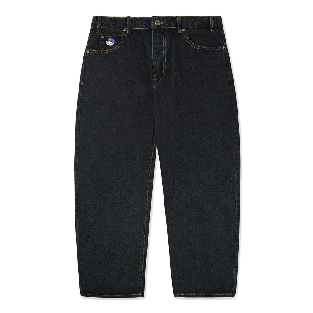 Butter Goods Santosuosso Denim Jeans - Washed Black. 100% Cotton ultra baggy fit denim jeans with slight taper. Contrast gold stitching. Embroidery on front coin pocket. Shop Butter Goods denim and jorts online with Pavement skate store. Free, fast NZ shipping over $150.