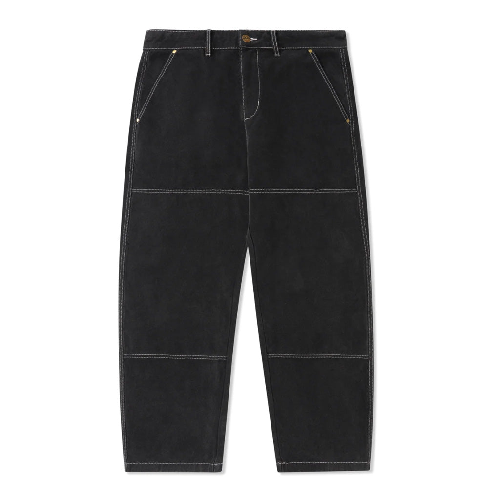 Buy Butter Goods Work Double Knee Pants - Washed Black. 100% Cotton denim double knee pants. Baggy fit. Custom dyed & distressed washed. Contrast stitching throughout. Double knee panels. Woven label on back pocket. Belt loops with internal drawstring on waist band. Free NZ shipping. No fuss returns.