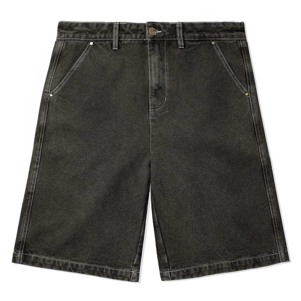 Shop Butter Goods Work Short - Washed Black. 100% Cotton denim work shorts. Baggy fit. Sits below the knee. Contrast whit stitching throughout. Woven label on back pocket. Fitted waist with belt loops. Internal drawstring on waist band. Free NZ shipping. Shop online with Pavement skate store, Dunedin.