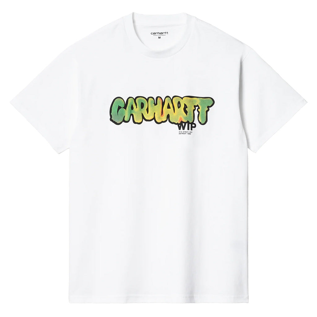 Carhartt WIP Drip Tee - White. 100% Organic Cotton Single Jersey, 200 g/sqm. Loose fit. Short sleeves. Graphic print. Shop Carhartt WIP online with Dunedin's independent skate store, PAVEMENT. Free Aotearoa NZ shipping over $150 - Same day Dunedin delivery - Easy returns.